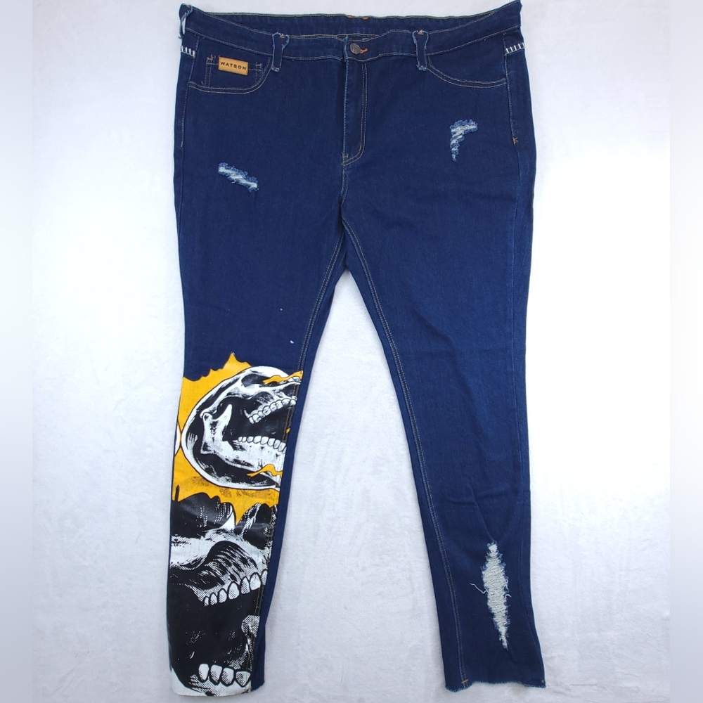 Watson Jeans Distressed Embellished Skull Patch Denim Mens Indigo Size 42